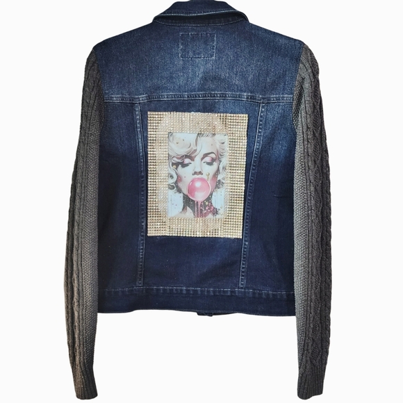 Guess Sweater Sleeve Denim Jacket Upcycled W/Marilyn Monroe Back Design, L - Picture 1 of 7